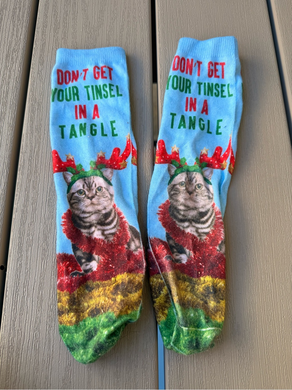 Funny Christmas Cat Crew Socks Don’t Get Your Tinsel in a Tangle Holiday